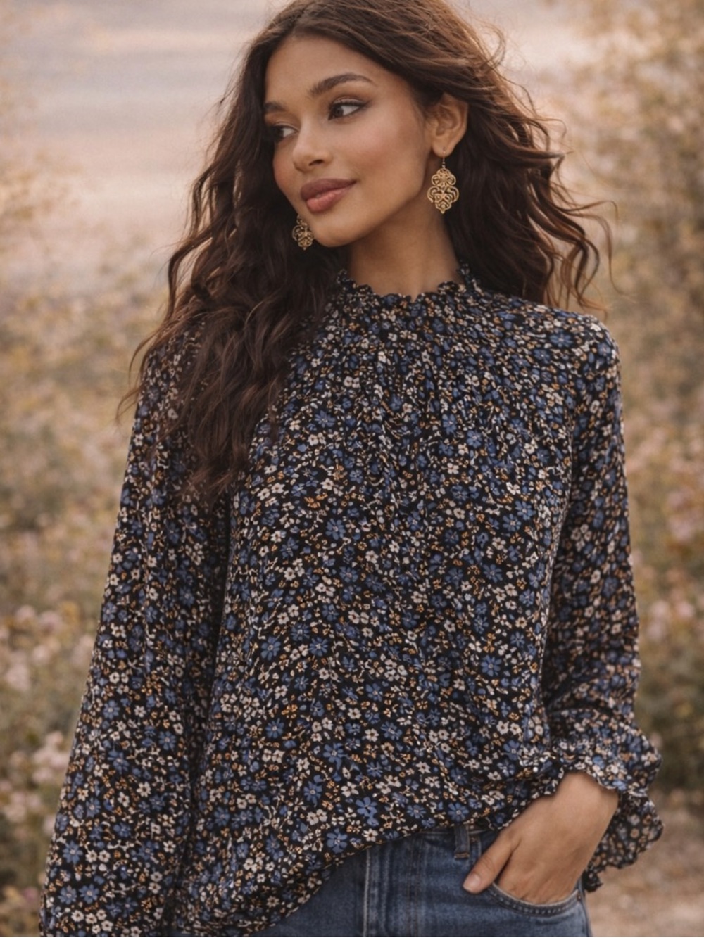 Banana Republic Black Floral Blouse with Blue Accents